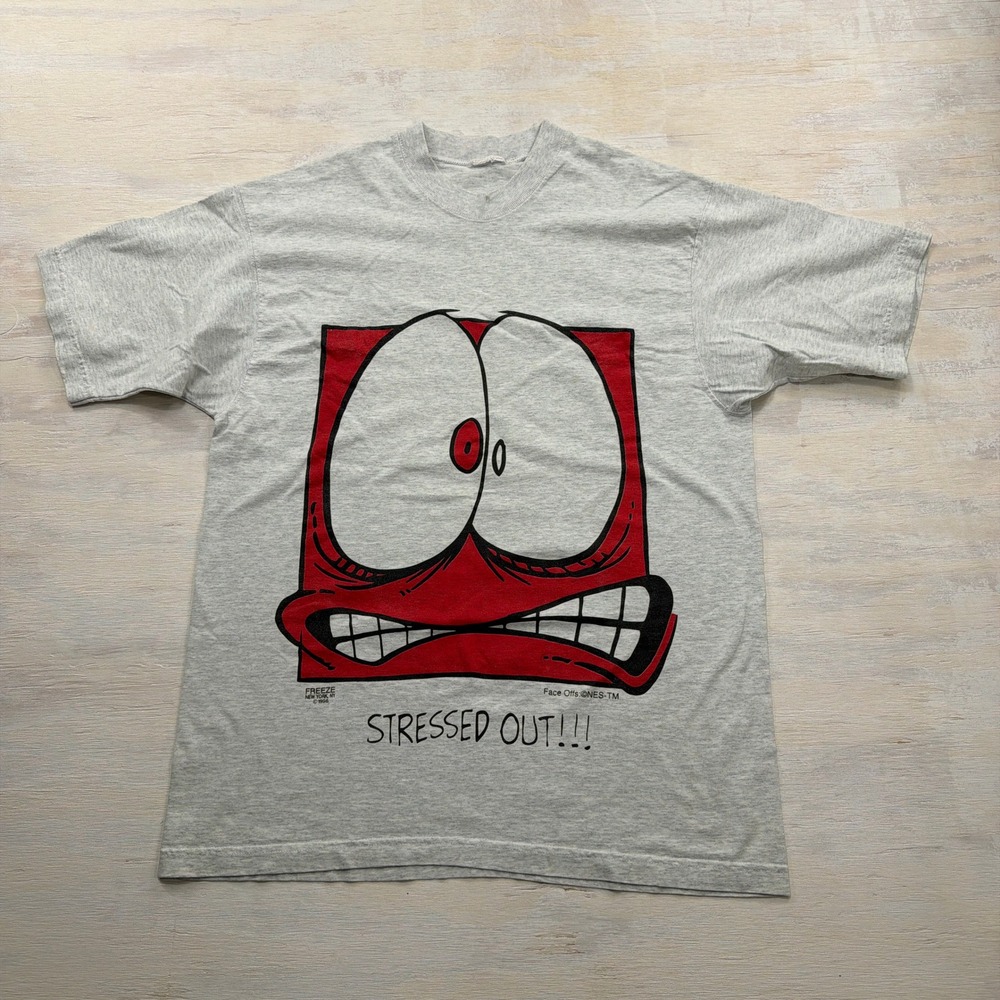 Freeze T Shirt Vintage 1996 Face Offs Stressed Out Graphic Grey Mens XL‎